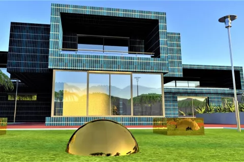 Entwurf eines modernen Hauses mit kompletter Fassade aus Solar-Panels.